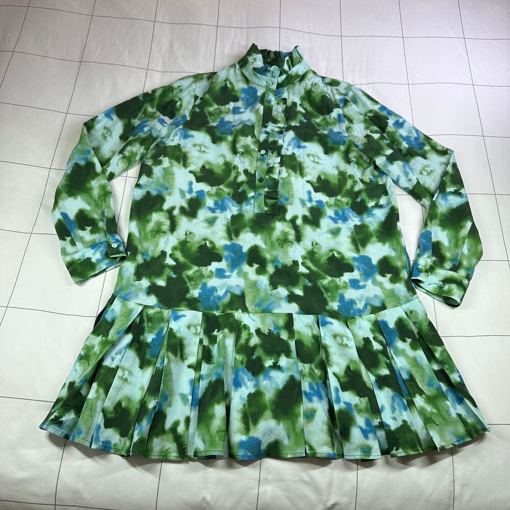 Tuckernuck Dress Womens Medium Green Deep Lagoon Tate Pleated Mini Long Sleeve - Picture 3 of 10